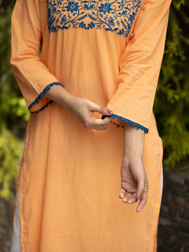 Gharana India Mul Cotton Blush Orange Kurta With Fine Chikankari In Blue Thread 