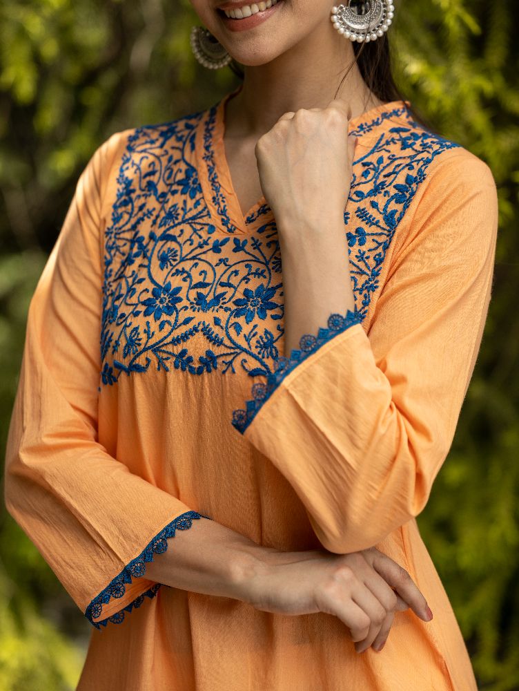 Gharana India Mul Cotton Blush Orange Kurta With Fine Chikankari In Blue Thread 