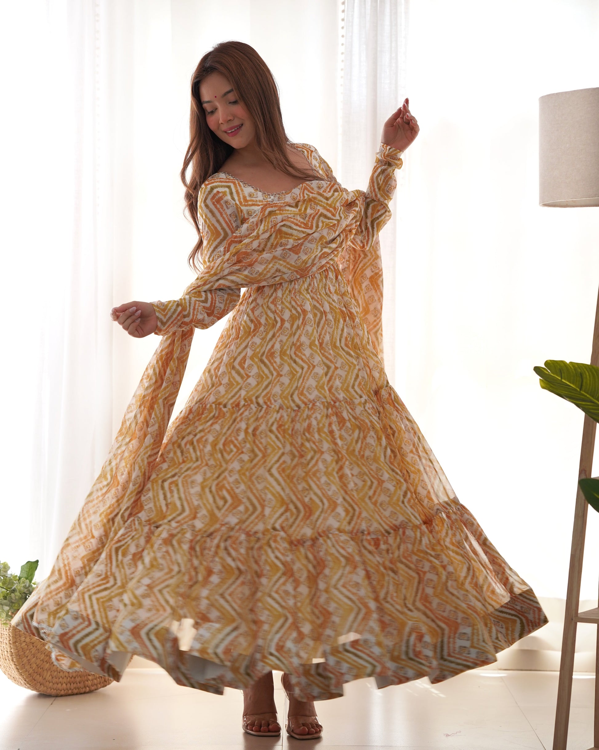 Lorenvalley Fashion Yellow Pure Faux Georgette Zigzag Print Fully Flair Anarkali Pant With Dupatta - Yellow 