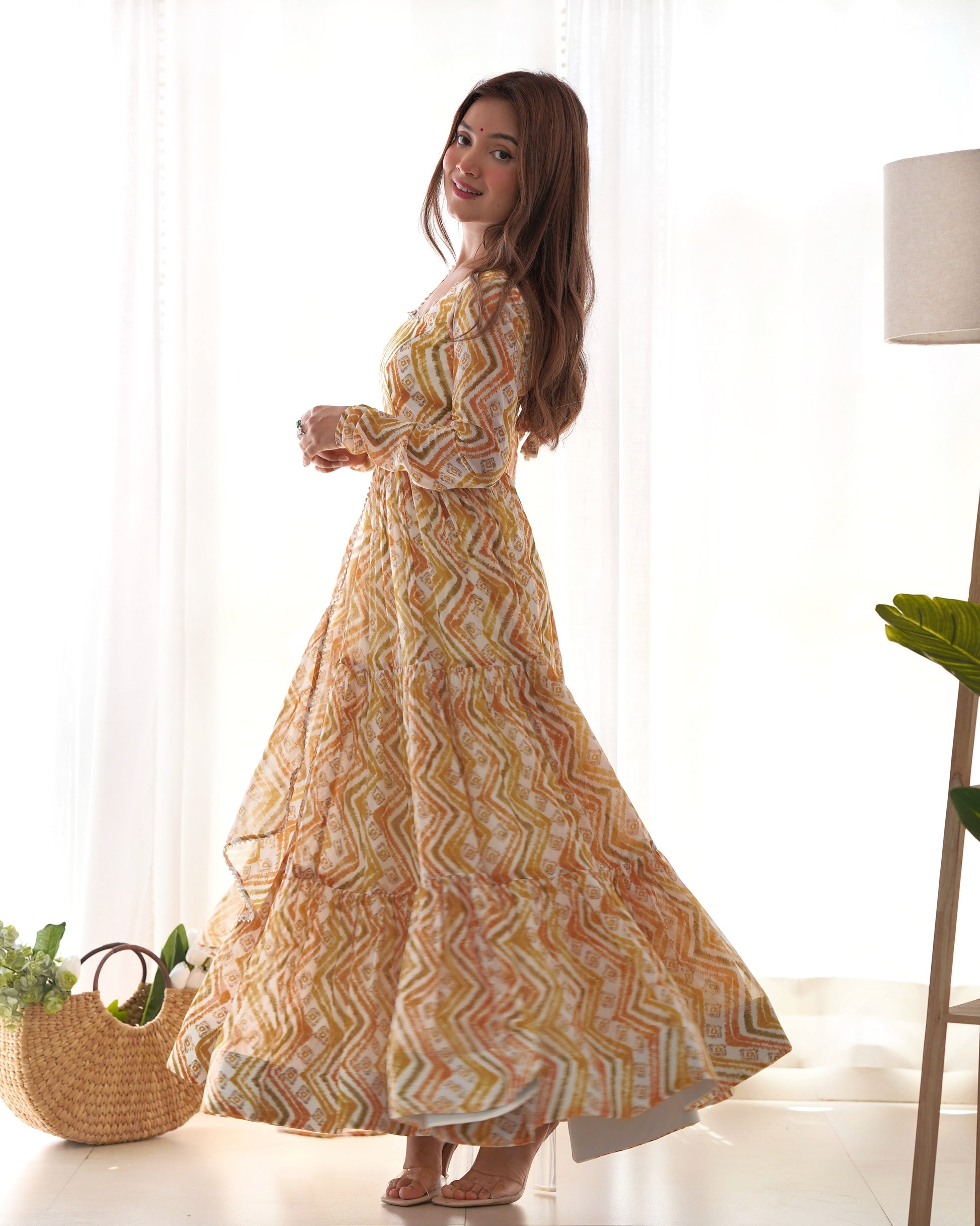 Lorenvalley Fashion Yellow Pure Faux Georgette Zigzag Print Fully Flair Anarkali Pant With Dupatta - Yellow 