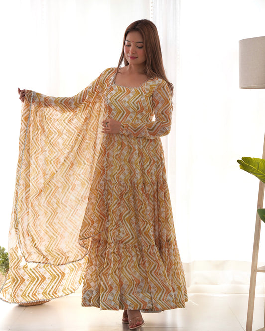 Lorenvalley Fashion Yellow Pure Faux Georgette Zigzag Print Fully Flair Anarkali Pant With Dupatta - Yellow 