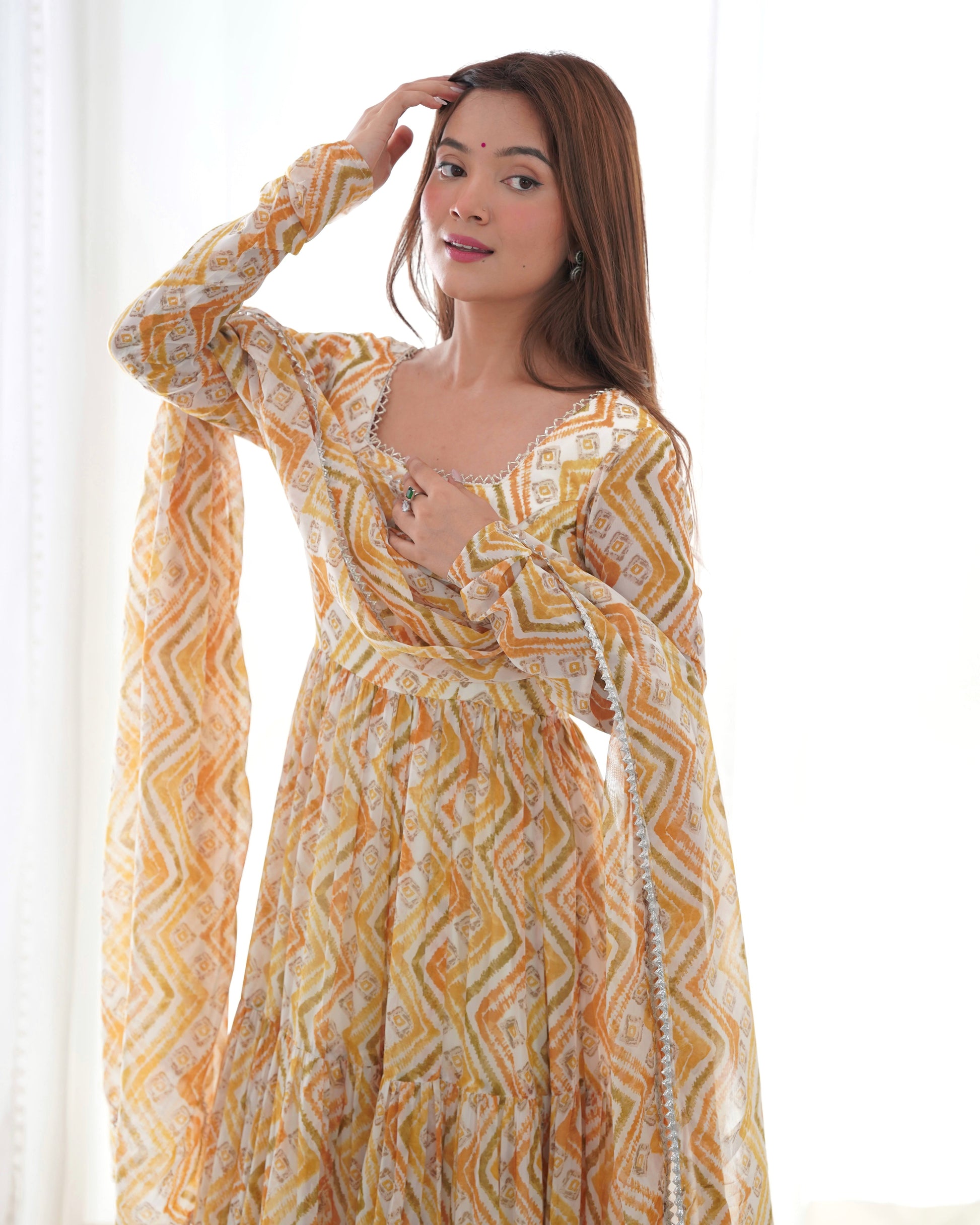 Lorenvalley Fashion Yellow Pure Faux Georgette Zigzag Print Fully Flair Anarkali Pant With Dupatta - Yellow 