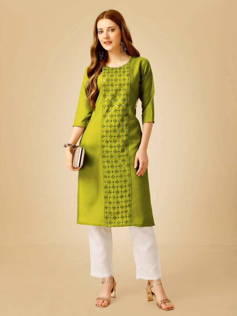 Aastha Fashion Women's Green Cotton Blend Embroidered Kurta Pant Set - Grab2buy