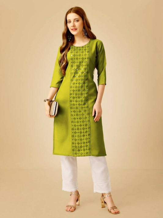 Aastha Fashion Women's Green Cotton Blend Embroidered Kurta Pant Set - Grab2buy