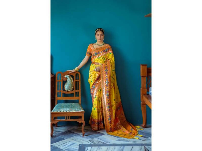Aastha Fashion Women's Yellow Paithani Silk Meenakari Zari Woven Saree with Blouse - Grab2buy