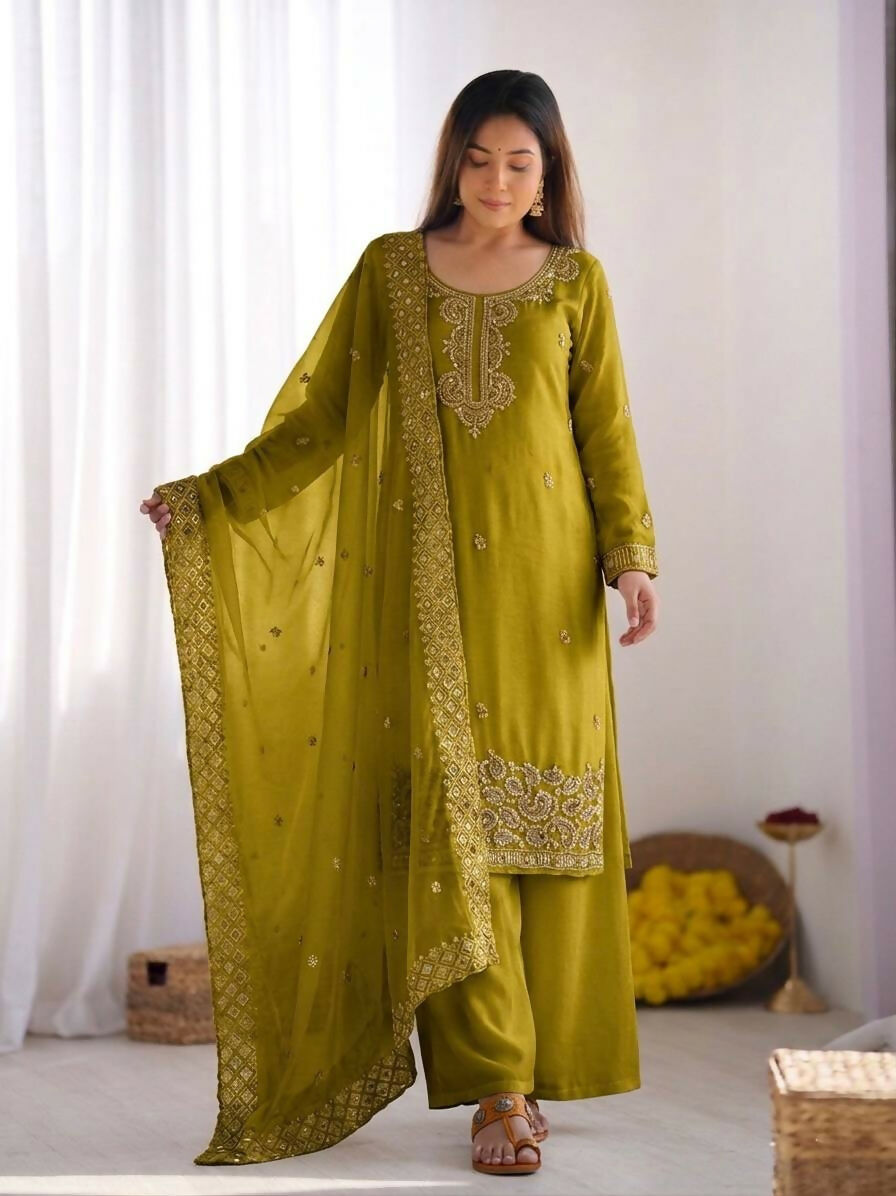 Teeya Creation Womens New Trendy Stylish Embroidery Beads Work Palazzo Kurta Set -Olive