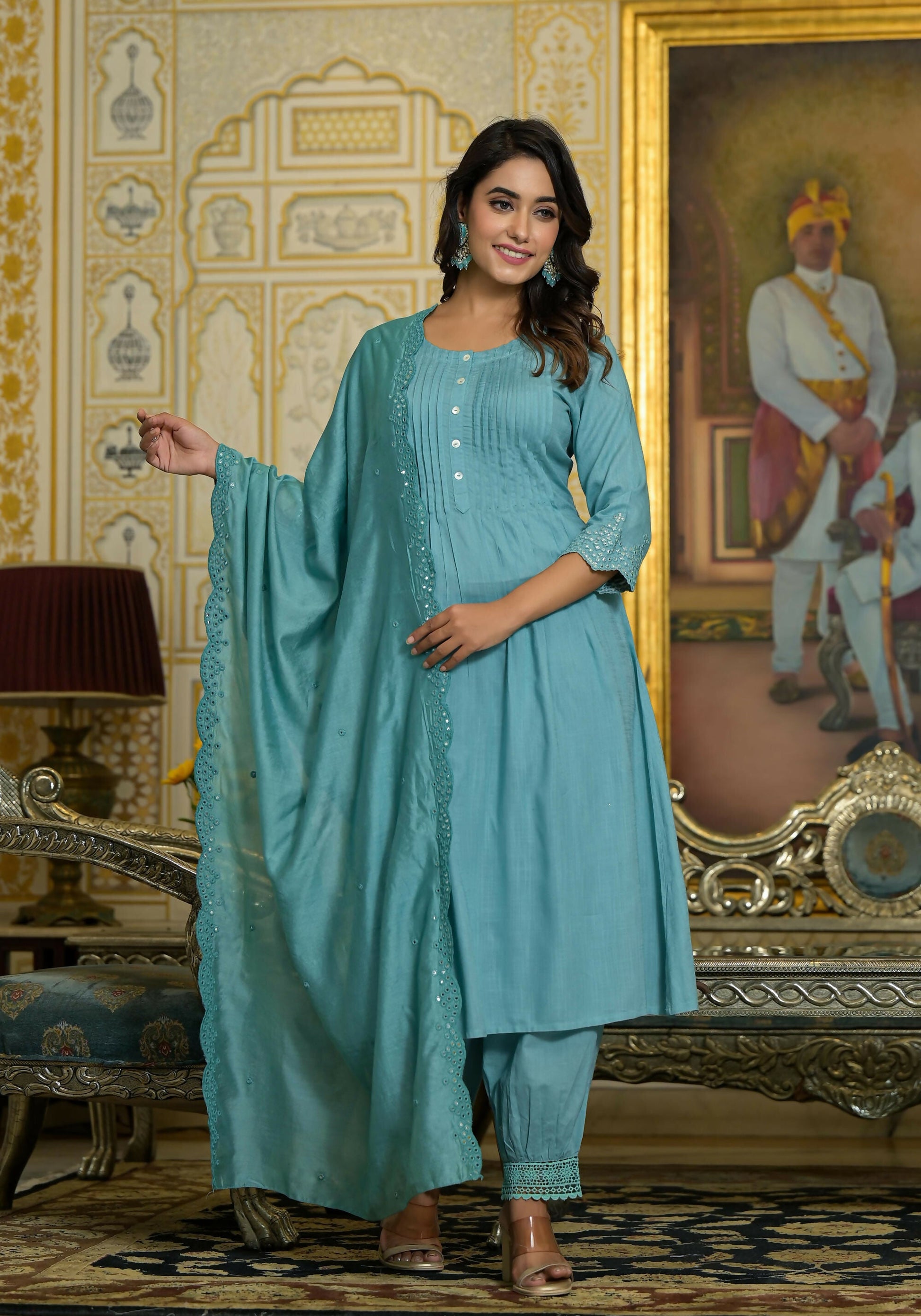 Juniper Women's Sky Blue Mirror Embroidered Liva Rayon Kurta Pant And Dupatta Set With Lace & Button Detail