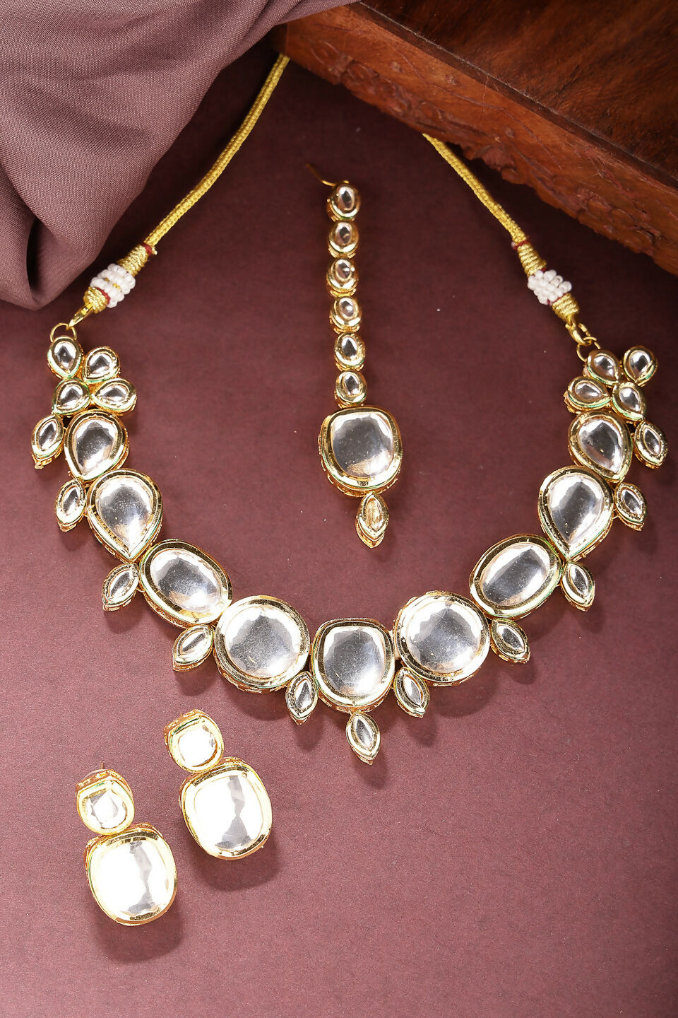 NVR Women's Gold Kundan-Studded Necklace and Earrings with Mang Tikka - Grab2buy