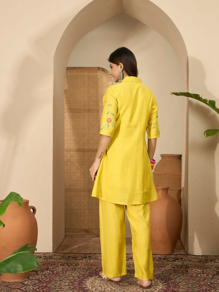 Joban Fashion Women Yellow Roman Silk Embroidered Stitched Kurta Set