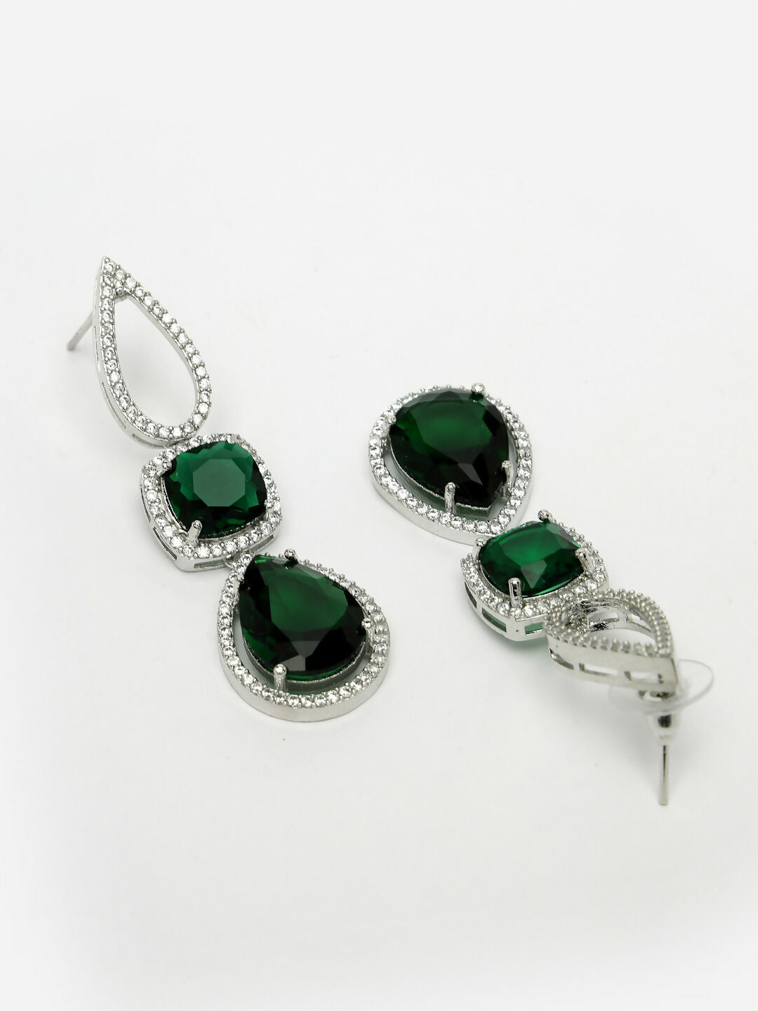 NVR Women's Green & Silver-Plated American Diamond Handcrafted Jewellery Set - Grab2buy