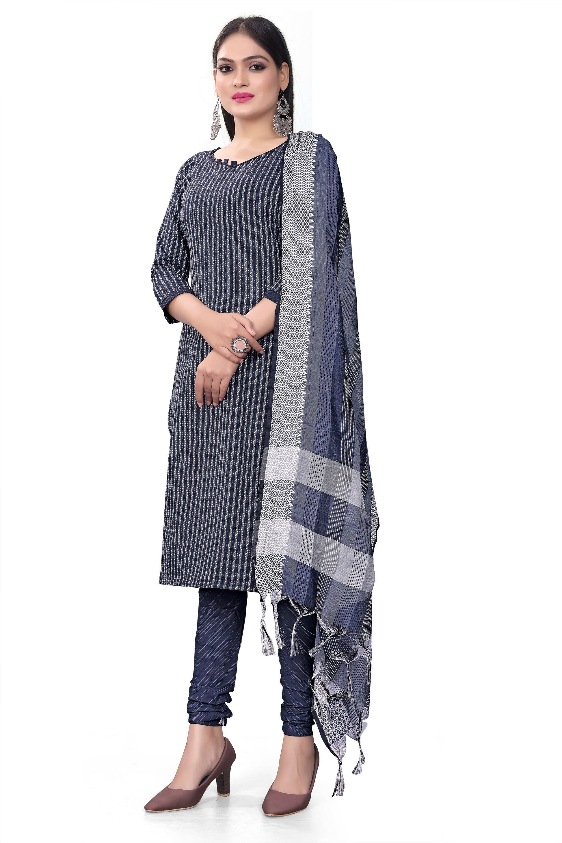 Blue Cotton Jacquard Woven Unstitched Dress Material - Amara