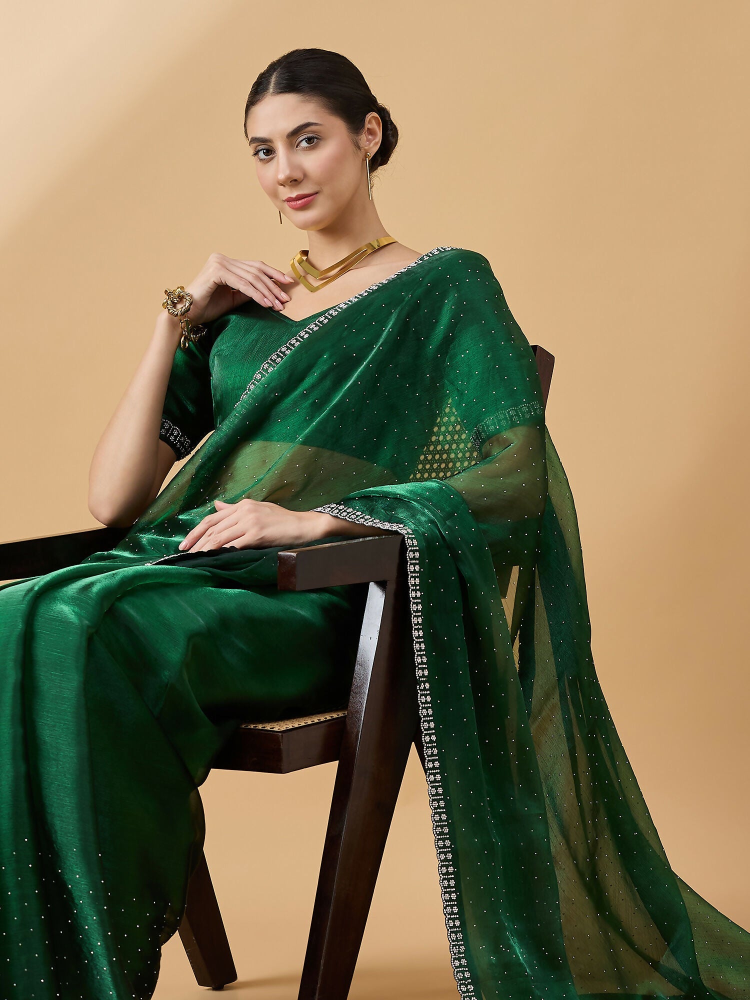 Green Organza Swaroski Diamond Work Saree with Unstitched Blouse - Radha