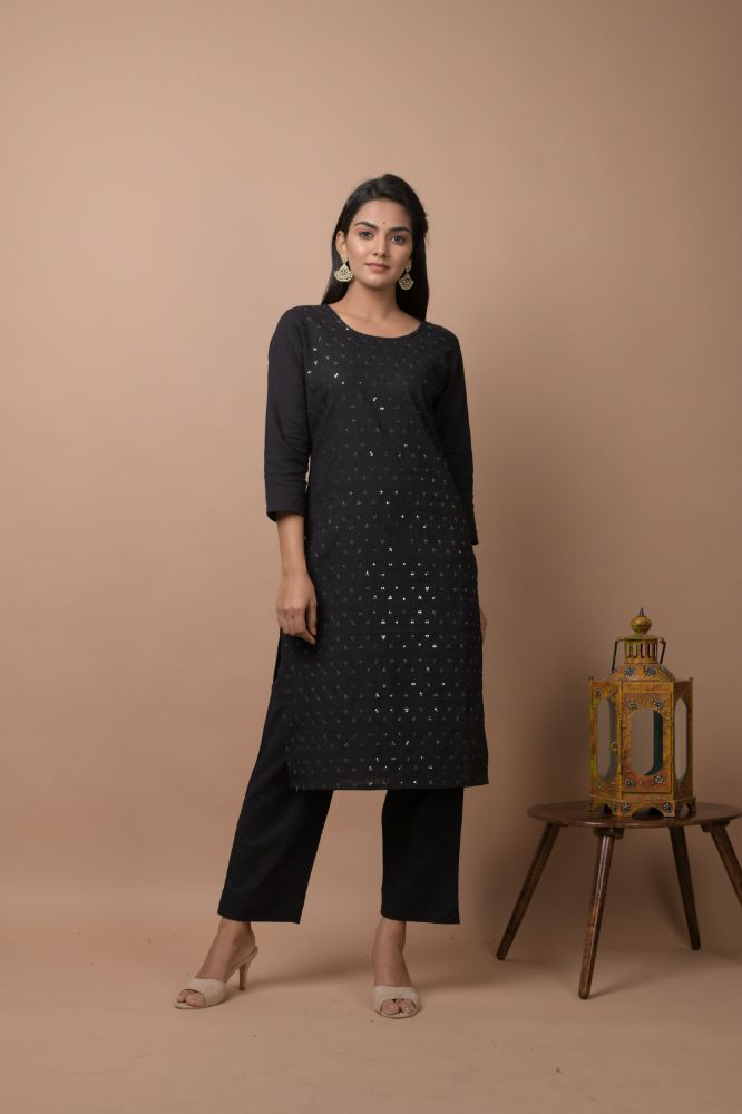 Kaajh Women's Black Solid Sequins Embellished Kurta Pant Set