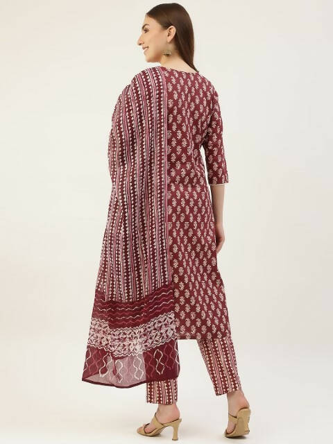 FIORRA Women's Maroon Cotton Straight Kurta Pant With Dupatta 