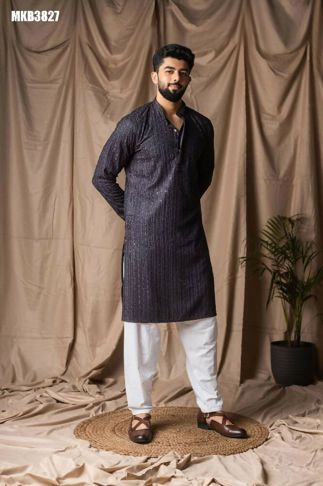 Dark Grey Rayon Thread Embroidery Work Kurta Set - Mahotsav