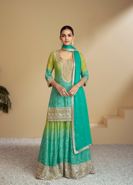 Vastranavya Turquoise Chinon Bandhini Print with Embroidery & Mirror or Jharkhan work Sharara Suit  Grab2Buy Vastranavya Grab2Buy