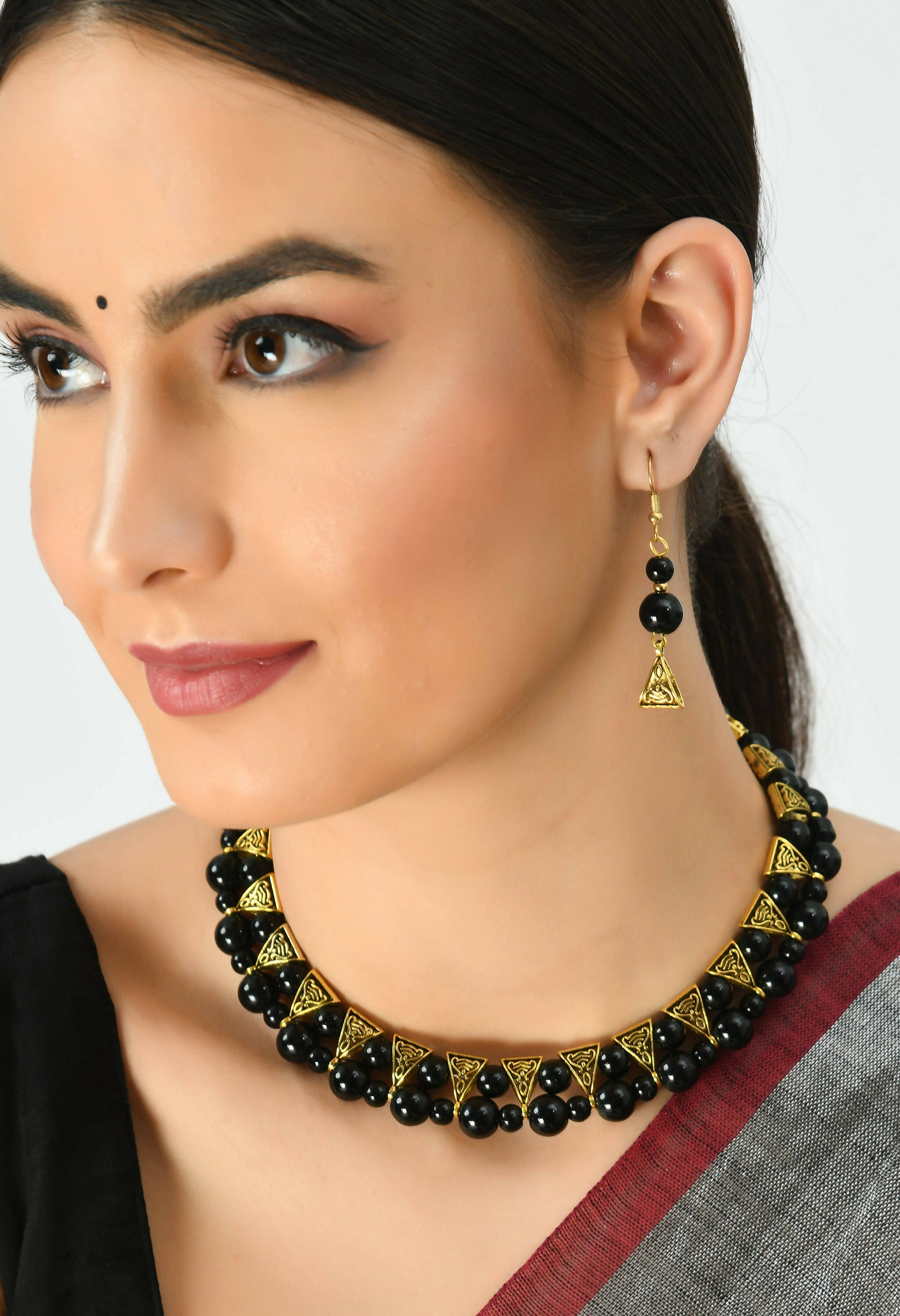 Mominos Fashion Johar Kamal Gold-Plated Brass Finish Pearls Work Choker For Women (Black) - Grab2buy