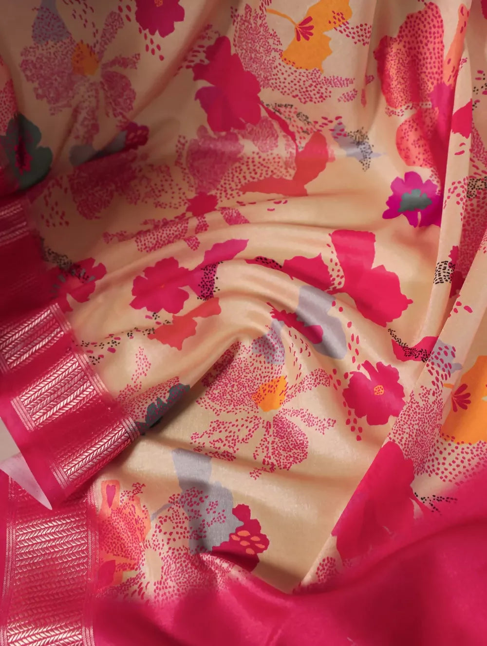 Vastranavya Cream Tussar Silk Printed with Viscose Border Grab2Buy with Unstitched Blouse  Grab2Buy Vastranavya Grab2Buy