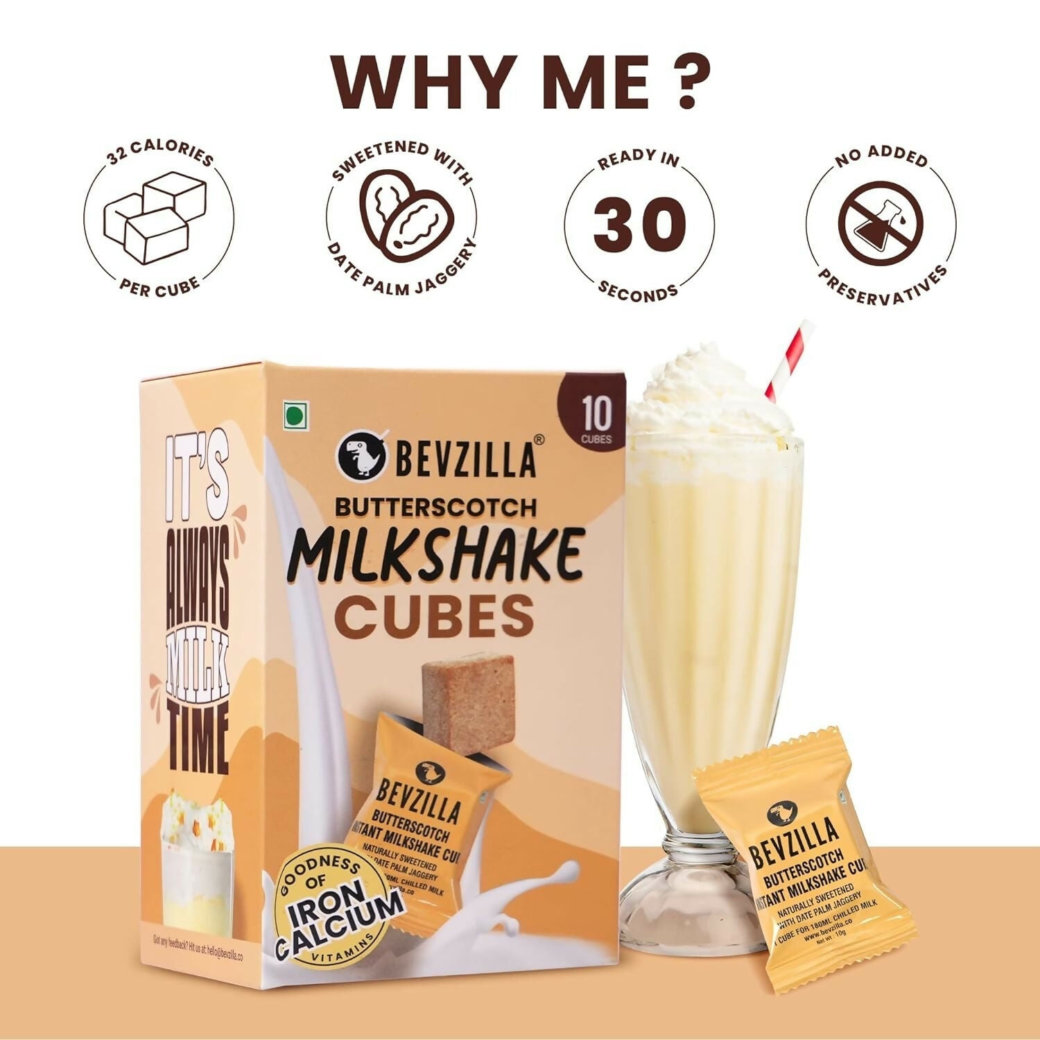Bevzilla Butterscotch Instant Milkshake Cubes with Organic Date Palm Jaggery 
