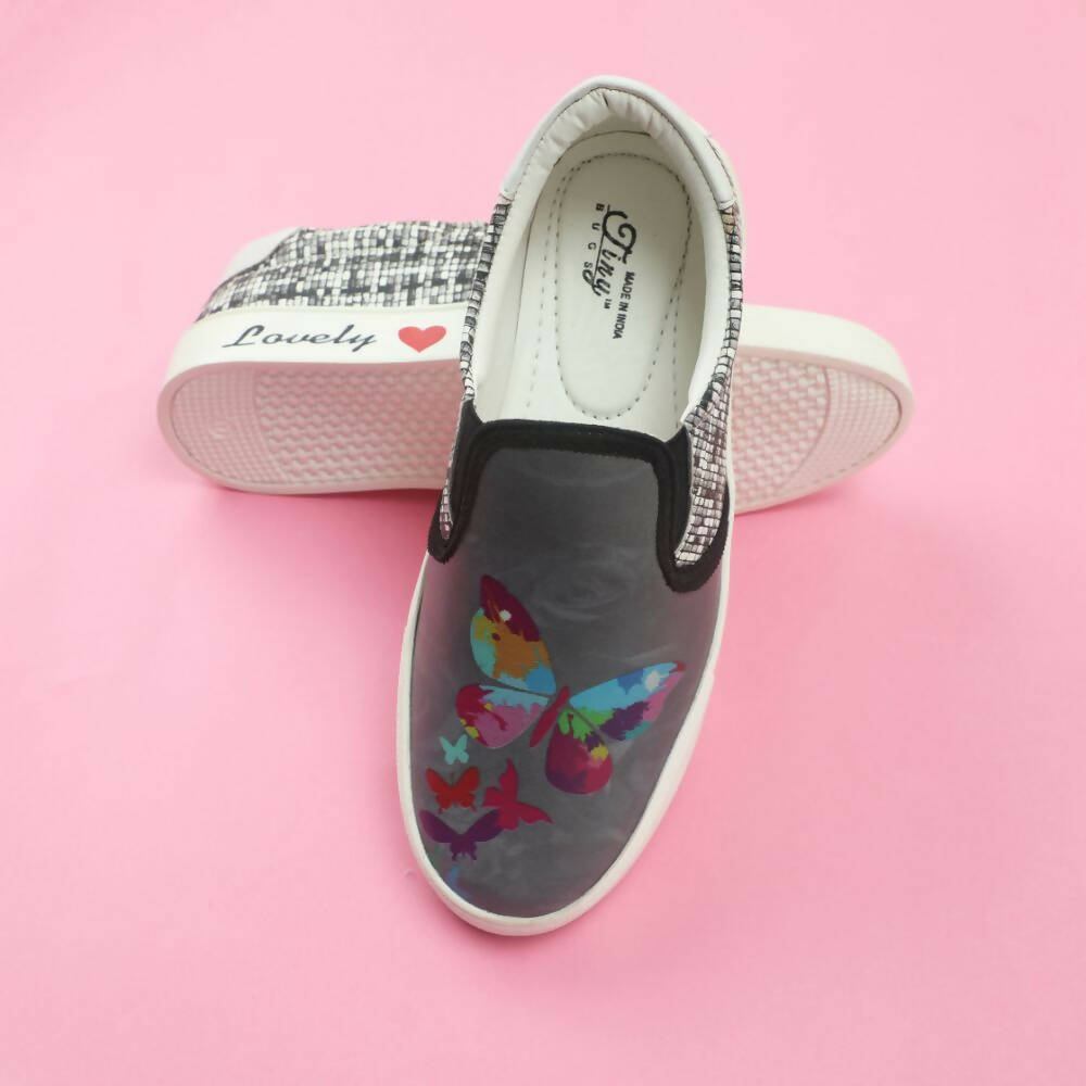 Tiny Bugs Girls Butterfly Print Slip Ons Sneakers - Dark Grey  Grab2Buy Tiny Bugs Grab2Buy