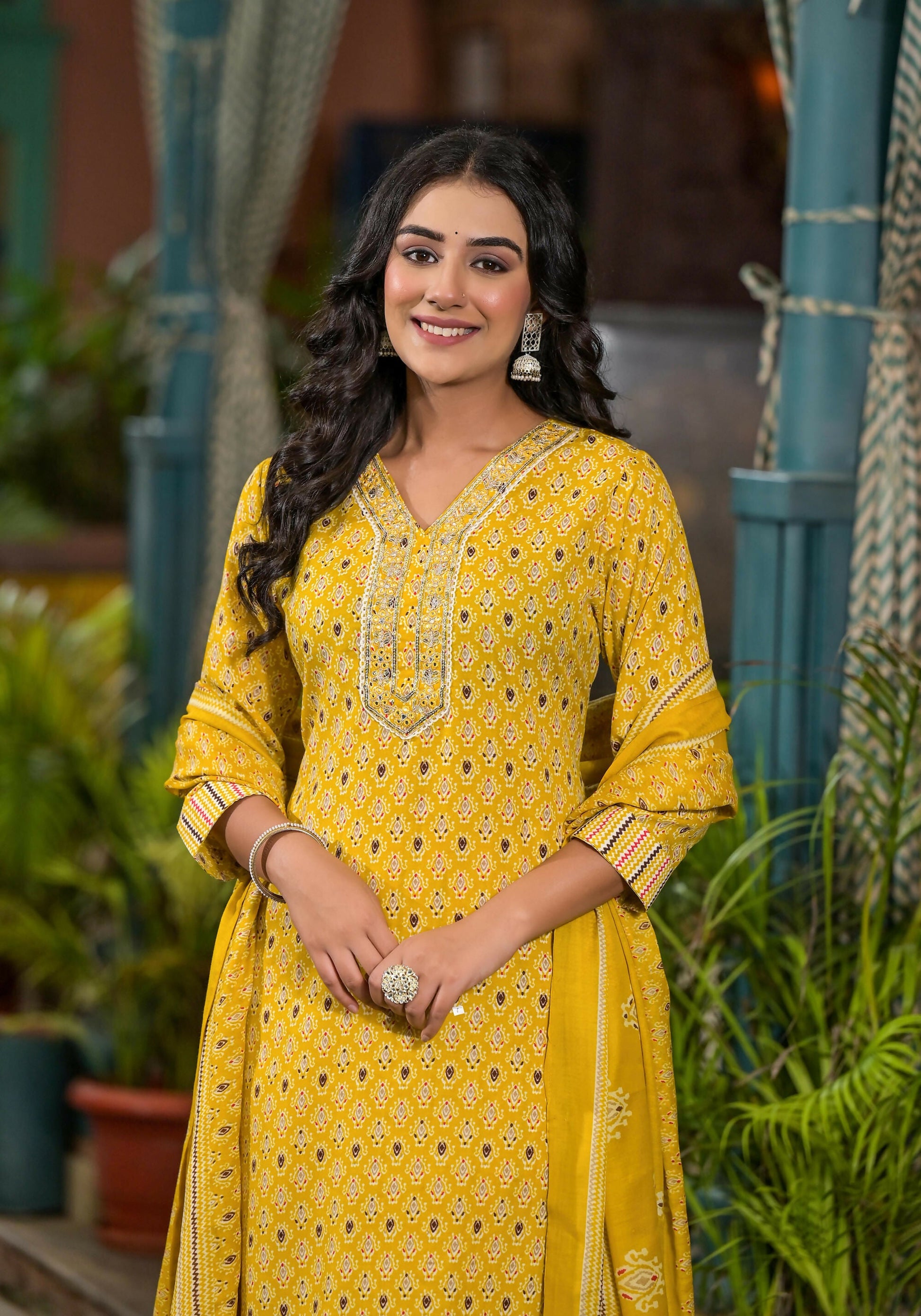 Juniper Women's Mustard Ethnic Motif Printed Cotton Kurta Pant And Dupatta Set With Mirror work & Sequins