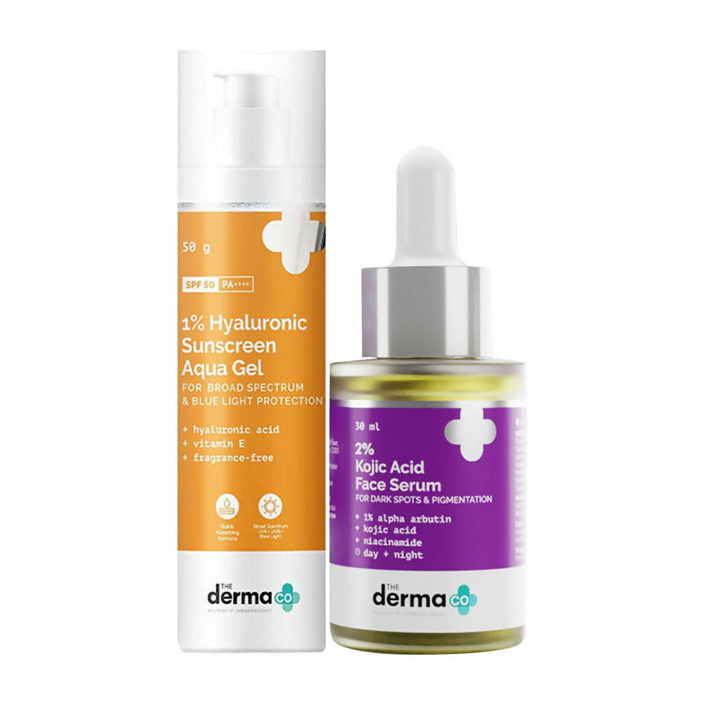 The Derma Co 2% Kojic Acid Face Serum & 1% Hyaluronic Sunscreen Aqua Gel SPF 50 Combo  Grab2Buy The Derma Co Grab2Buy