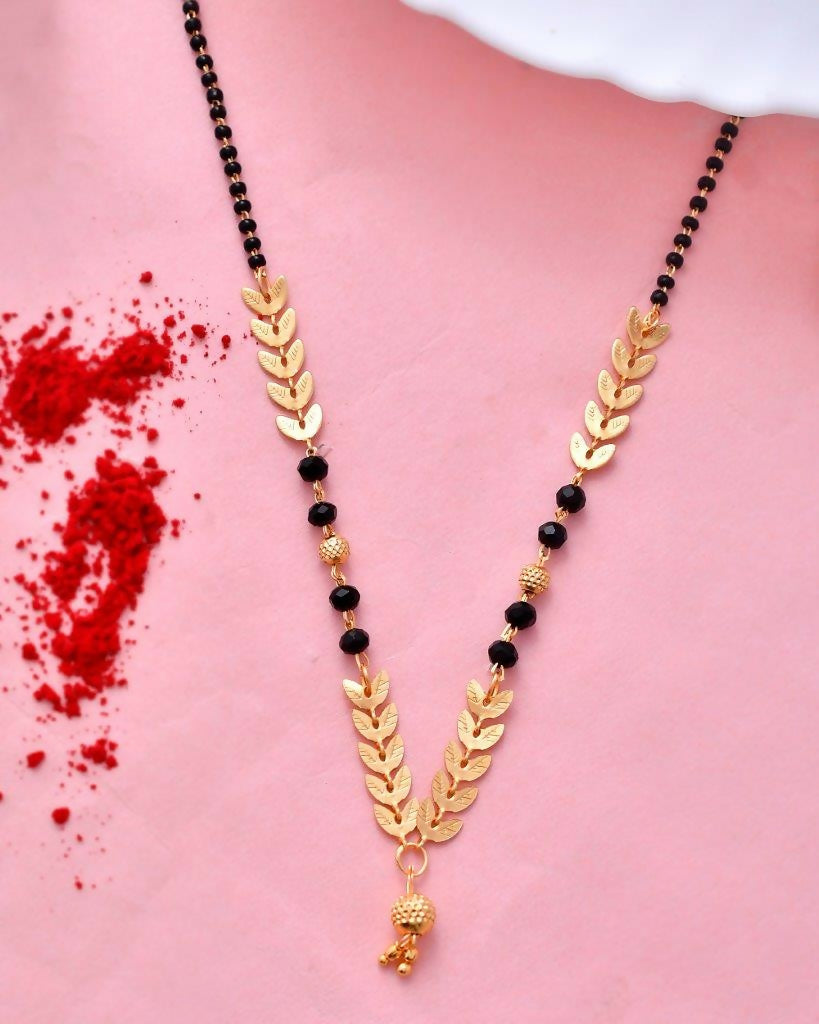 VOJ Gold-Polished Leaf Design Beaded Chain Mangalsutra 