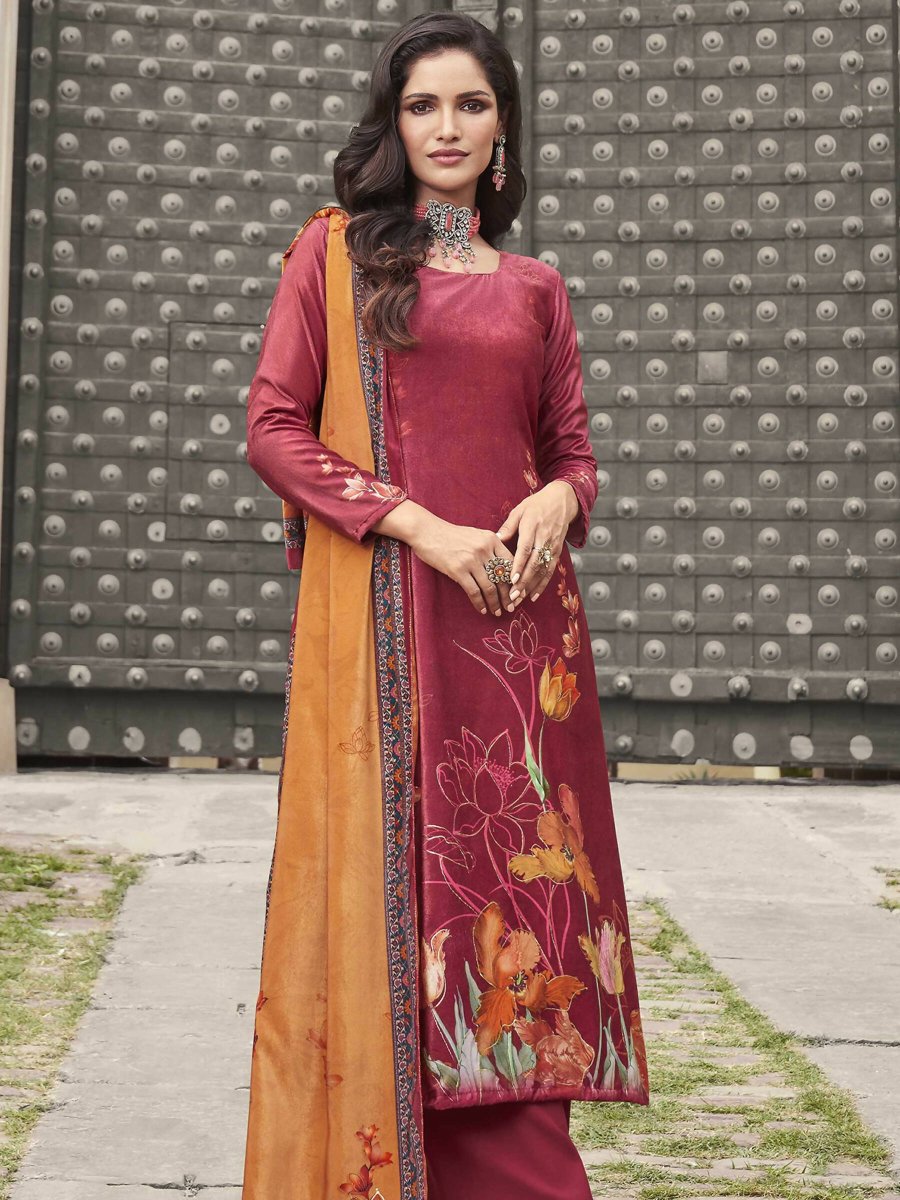 Aastha Fashion Women's Red Velvet Floral Digital Printed Kurta with Trouser & Dupatta - Grab2buy