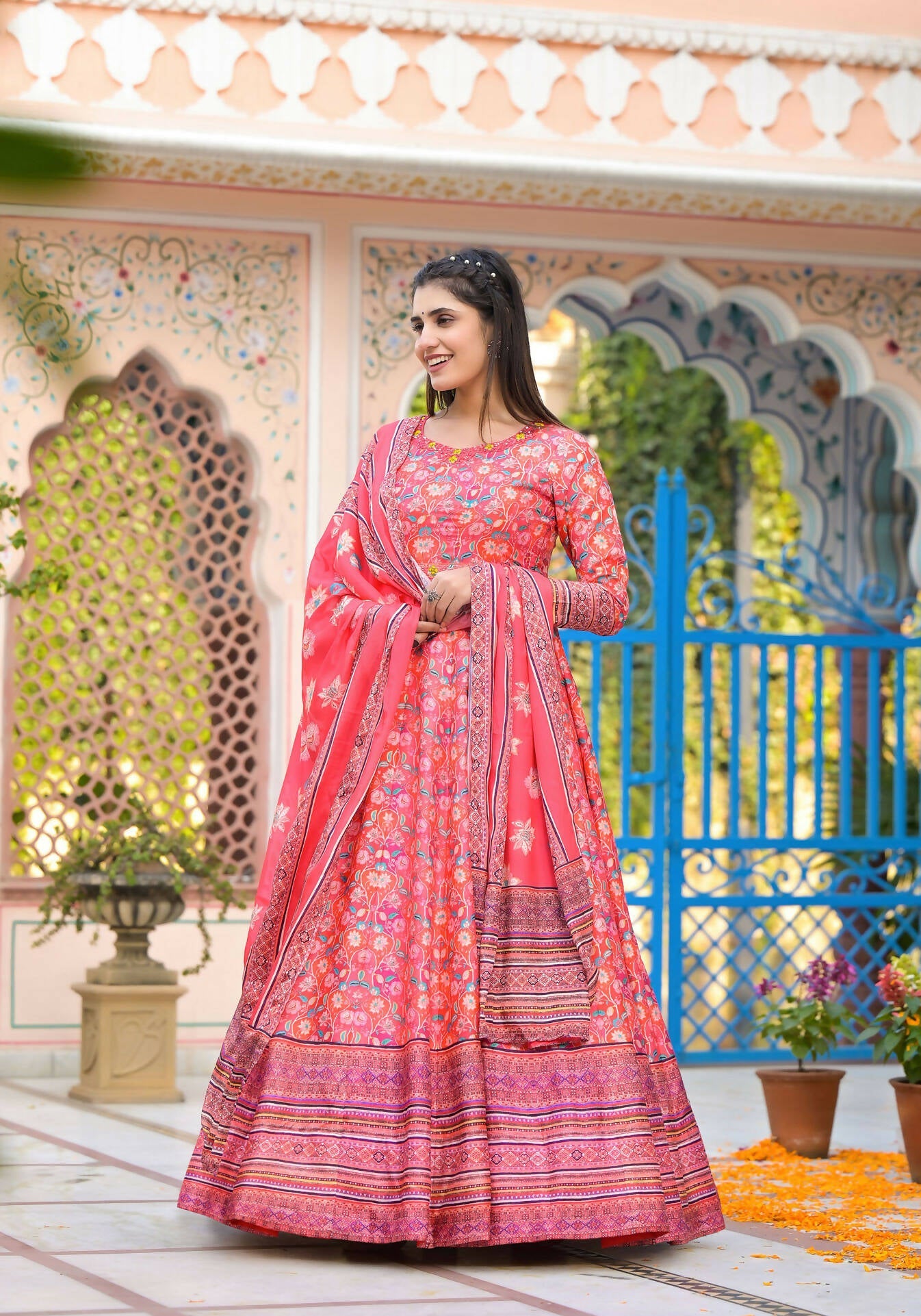 Functional Designer Red-Orange Dola Silk Anarkali suit with Dupatta - Ramya
