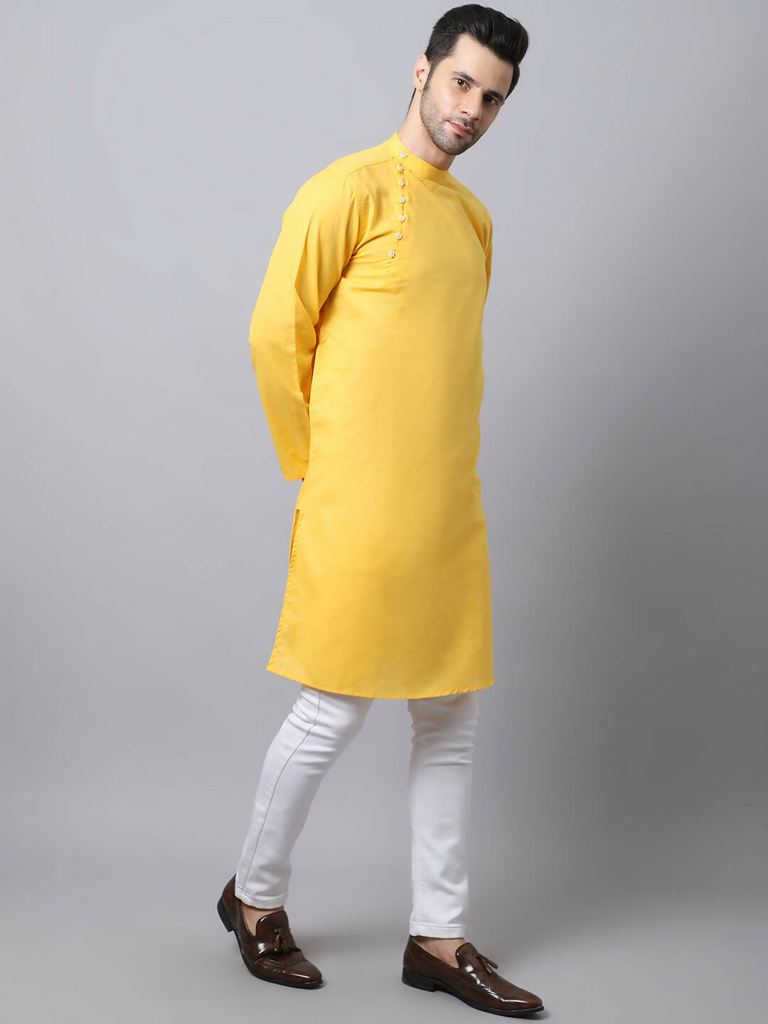 Even Apparels Yellow Pure Cotton Men's Kurta With Side Placket 