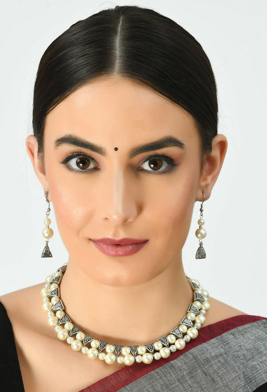 Mominos Fashion Johar Kamal Silver-Plated Brass Finish Pearls Work Choker For Women (White) - Grab2buy