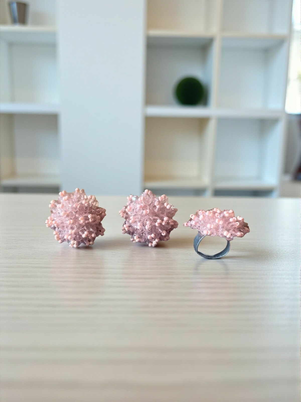 Inhanns Rangmani Crystal Duo – Adjustable Ring + Statement Earrings Set - Baby Pink