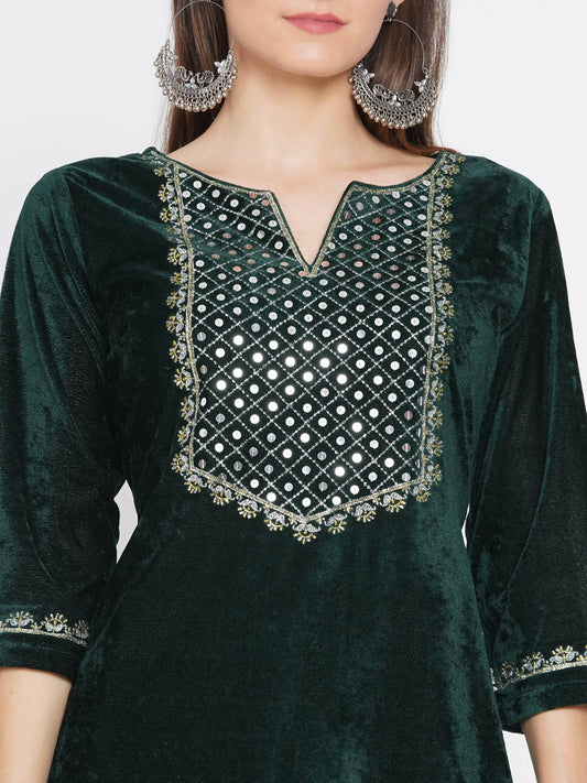 Women Republic Green Velvet Embroidered Kurta With Pant - Grab2buy