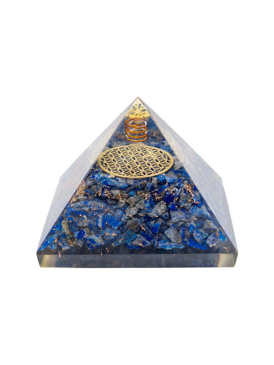 Golden Peacock Blue & Gold-Toned Lapis Lazuli Orgone Stone Pyramid Prism Paperweight 