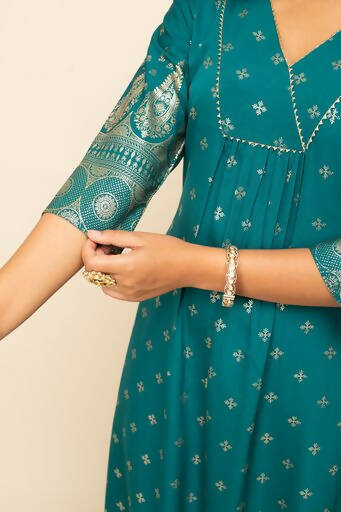 FIORRA Women's Teal Blue Crepe A-Line Kurta Pant with Dupatta 