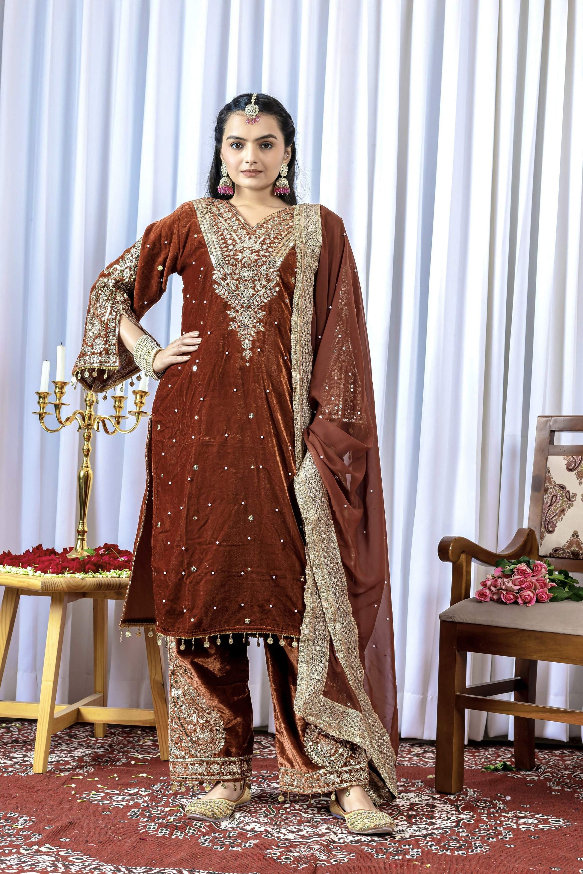 Teeya Creation Brown Color Velvet Silk Embroidery Work Party Wear Suit