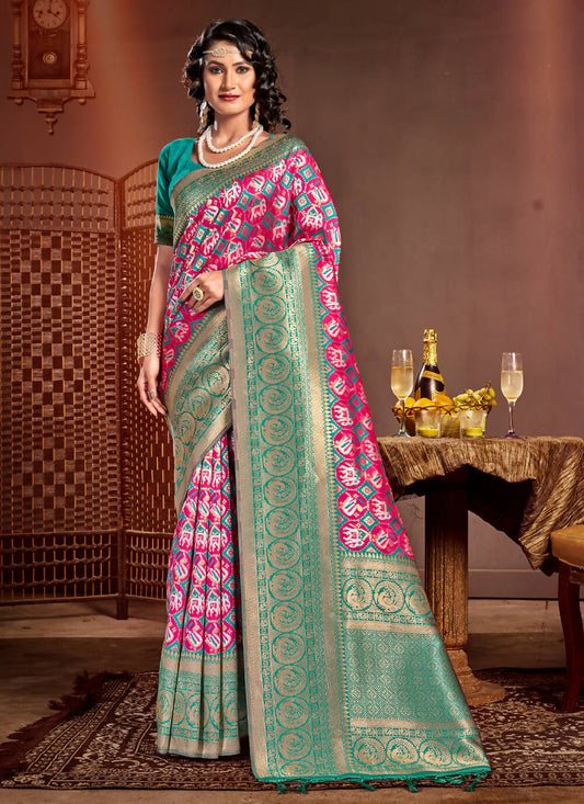 Pink Patola Silk Zari Woven Design Saree with Unstitched Blouse Piece - Aachal