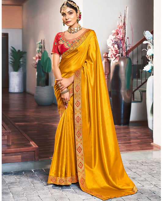 Mustard Solid Vichitra Saree With Unstitched Blouse Piece - Selena