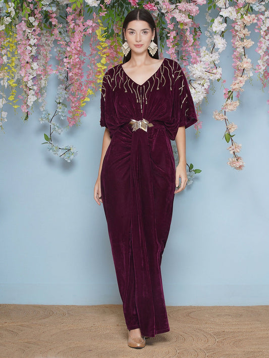 Joban Fashion Wine Hand Embellished Velvet Gown With Belt