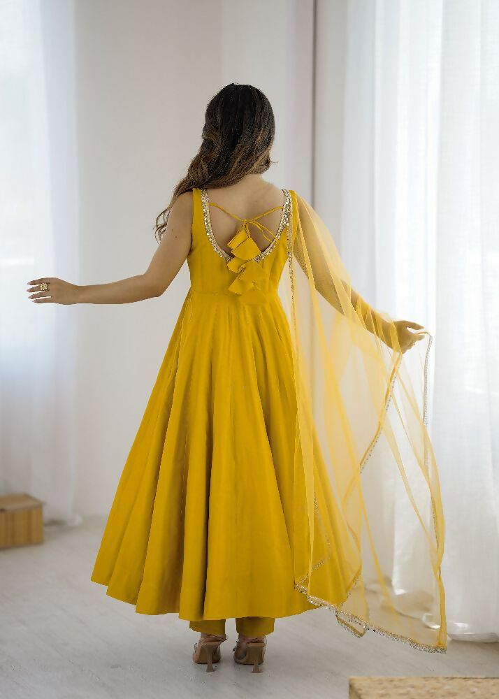 Joban Fashion Yellow Kurta Set Chanderi Sequence Embroidery Work 