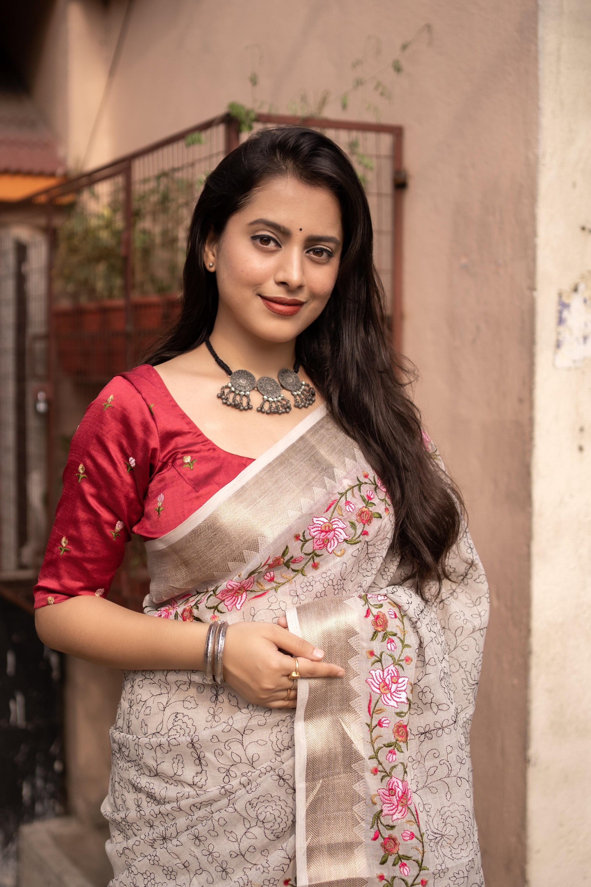 Grey Pure Linen Woven Design Saree with Unstitched Blouse - A2M