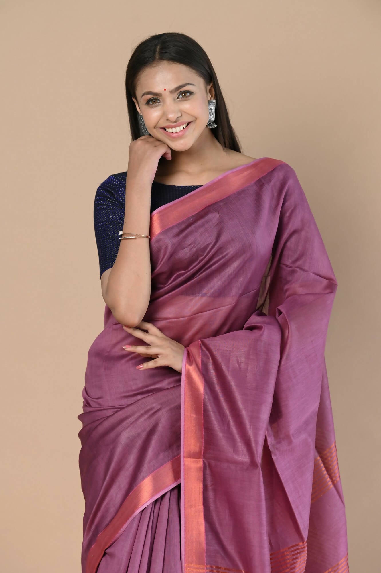 Very Much Indian Handloom Cotton Silk Maheshwari Grab2Buy With Sleek Golden Border - Maroon 