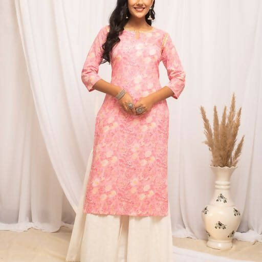 FIORRA Women's Floral Printed Peach Cotton Straight Kurta 