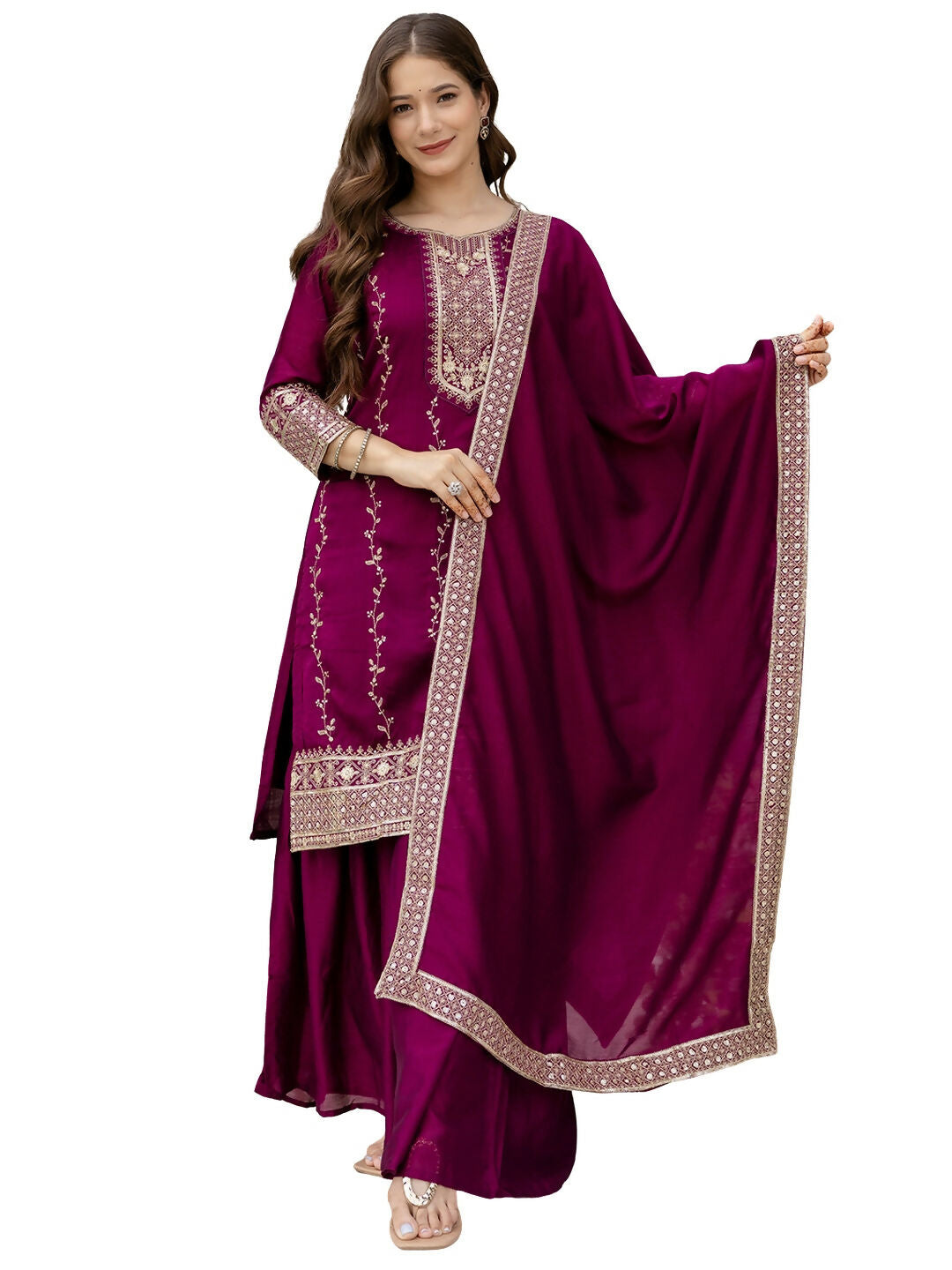 The52 Wine Beautiful Embroidered Vichitra Silk Fabric Straight Kurta, Palazzo and Dupatta Set | Grab2Buy