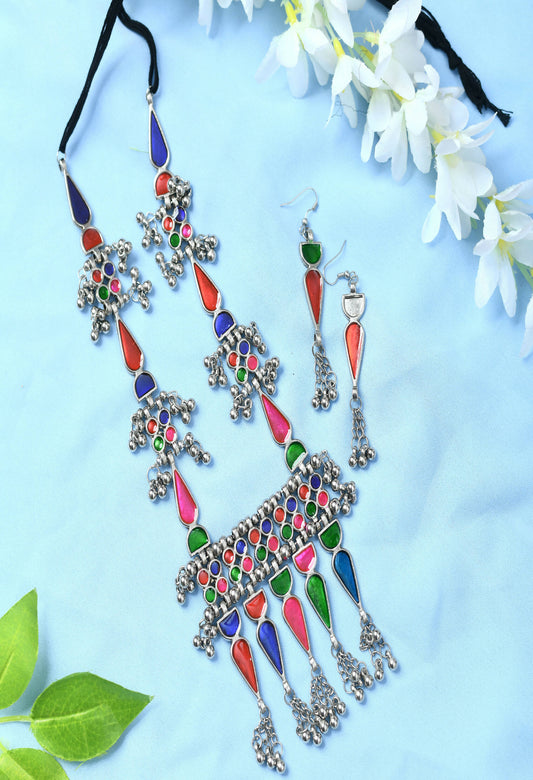 Mominos Fashion Johar Kamal Oxidised Silver-Plated Meenakari Multi Long Necklace Set For Women - Grab2buy