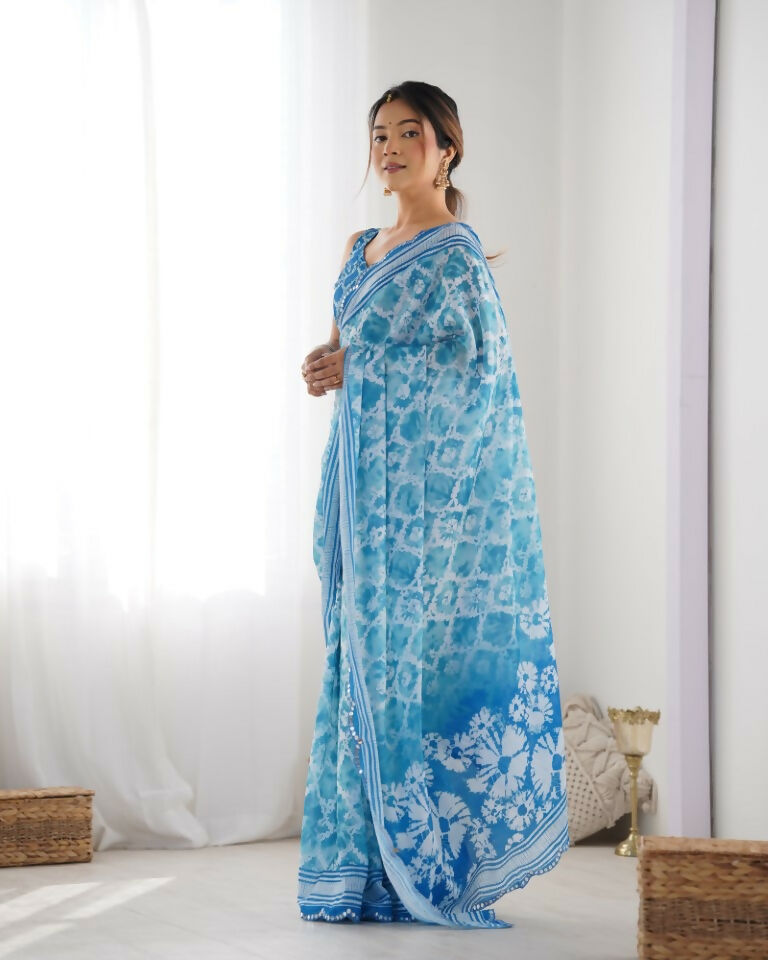 Blue Chinon Designer Digital Printed & Mirror Cut Work Saree - Kriti