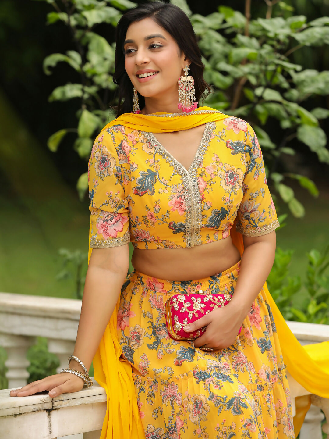 Janasya Yellow Georgette Floral Lehenga Choli Dupatta 