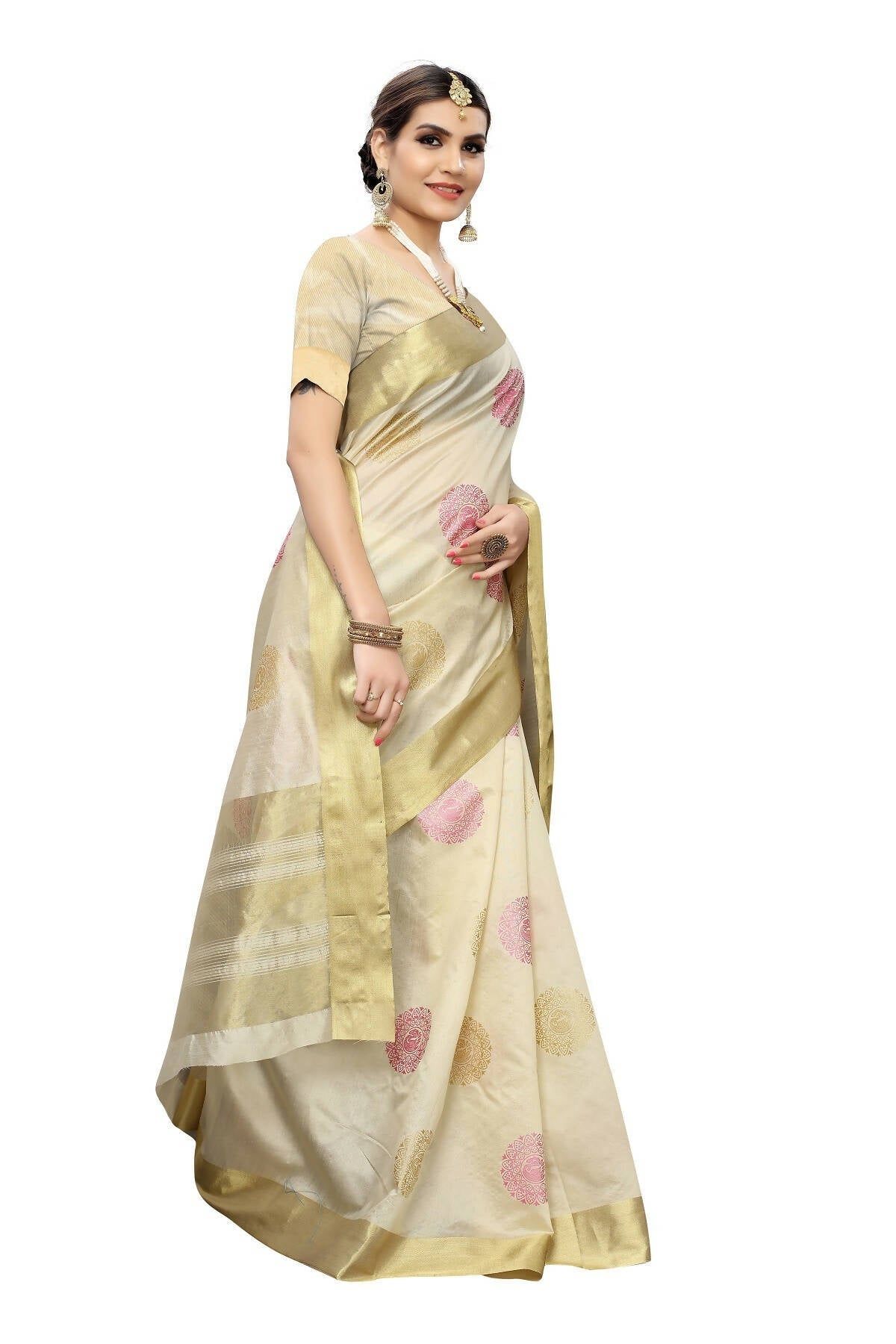 Vamika Cream Weaving Cotton Polyester Silk Grab2Buy (Kerala Bird Pink)  Grab2Buy Vamika Grab2Buy