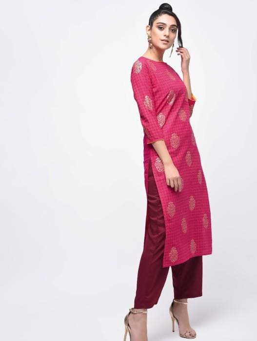 Aniyah Cotton Block Printed Pink Color Straight Kurta (AN-136K) 