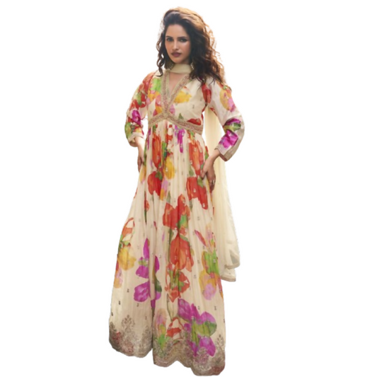 Vegaa Fashion Cream Chinon Silk Embroidered Digital Print Festive Look Gown With Dupatta  Grab2Buy Vegaa Fashion Grab2Buy